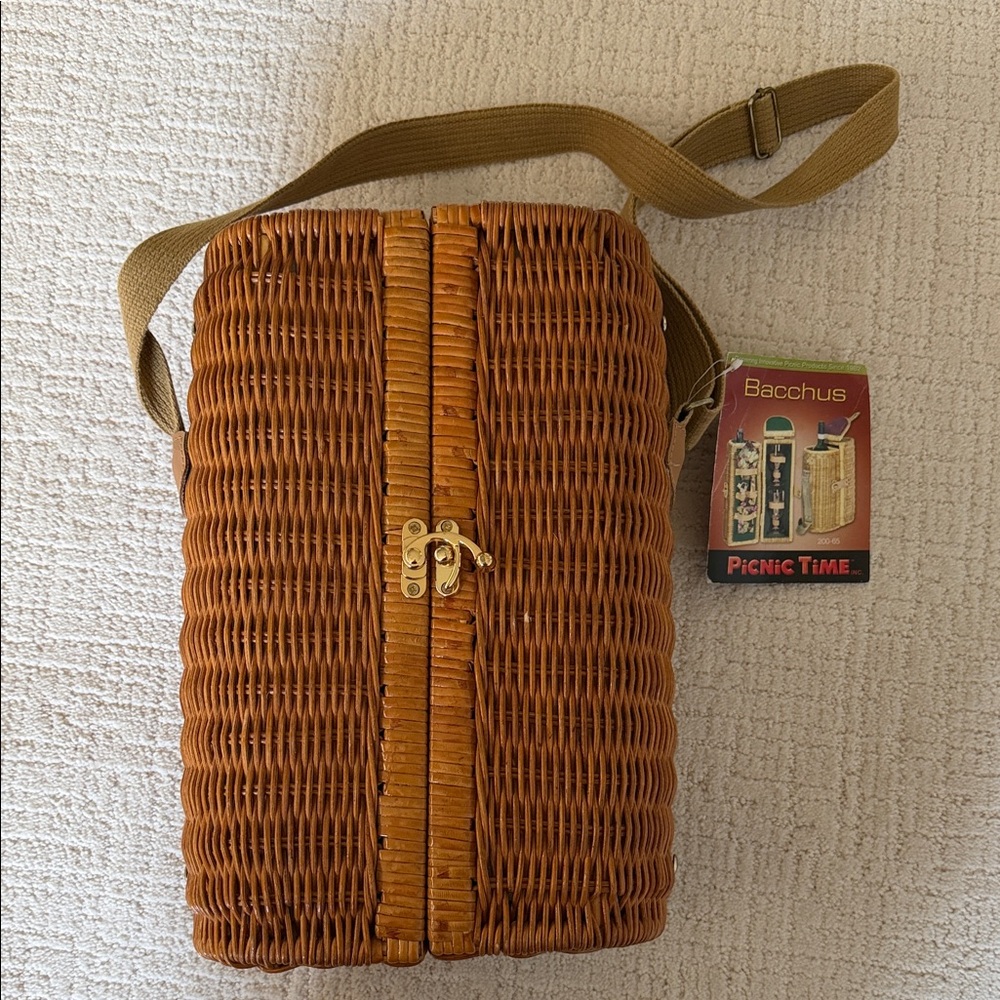 NWT Vintage Picnic Time “Bacchus” Rattan Insulated Wine Basket Shoulder Strap - Picture 11 of 15